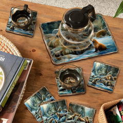 Sea Lion Cave Wooden Cork Placemat and Coasters Gift Set of 7 by Nature Wonders Coastal Nature Wildlife Decor  - 85413C-S7-2