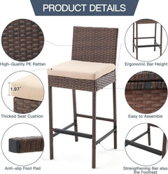 Outdoor Rattan Bar Stools Set with Cushions Comfort-3
