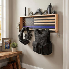 Police Wall Mounted Tactical Duty Gear Rack with Blue American Flag-1