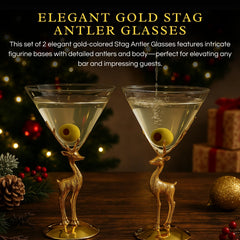 Golden Standing Stag Martini Glasses Set Of 2 Premium Barware Gift-2