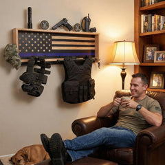 Police Wall Mounted Tactical Duty Gear Rack with Blue American Flag-4