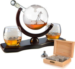 Etched World Decanter Whiskey Globe Antique Airplane 850ML Whiskey Stones And 2 Worl-0
