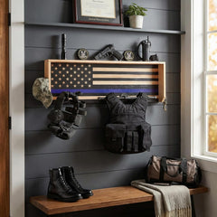 Police Wall Mounted Tactical Duty Gear Rack with Blue American Flag-3