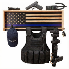 Police Wall Mounted Tactical Duty Gear Rack with Blue American Flag-0