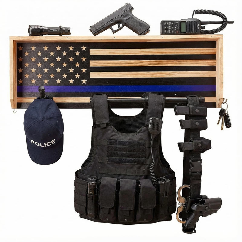 Police Wall Mounted Tactical Duty Gear Rack with Blue American Flag-0