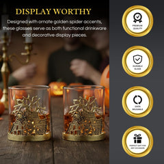 Golden Spider Whiskey Glasses Set Of 2 Gothic Lowball Tumblers With Metal Web Design And Borosilicat-3