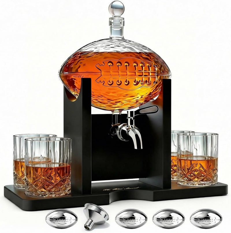 Football Gifts For Men Dad Decanter With Mahogany Holder Field Goal Holder 4 Glasses-0