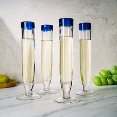 Hand Blown Cobalt Blue Rim Champagne Flutes Set Of 4 By Luxury Mexican Glassware Thi-1