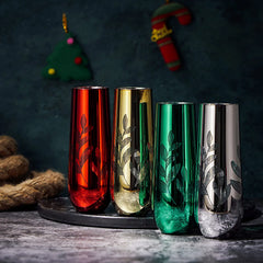 Etched Multicolor Christmas Champagne Flutes Glasses Set Of 4 Red Green Yellow Silver Perfect For Ch-3