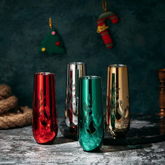 Etched Multicolor Christmas Champagne Flutes Glasses Set Of 4 Red Green Yellow Silver Perfect For Ch-2