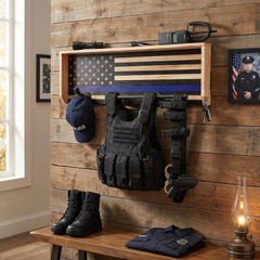 Police Wall Mounted Tactical Duty Gear Rack with Blue American Flag-2