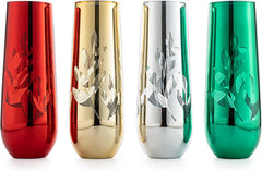 Etched Multicolor Christmas Champagne Flutes Glasses Set Of 4 Red Green Yellow Silver Perfect For Ch-4