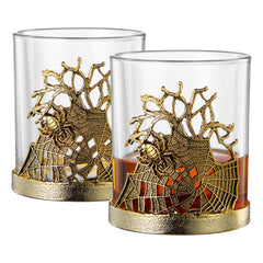 Golden Spider Whiskey Glasses Set Of 2 Gothic Lowball Tumblers With Metal Web Design And Borosilicat-0