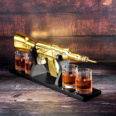 AK Gold Whiskey Decanter Set With 4 Bullet Whiskey Glasses-1
