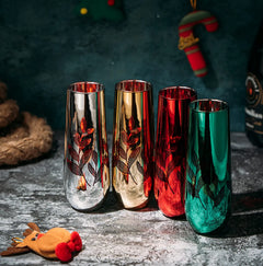 Etched Multicolor Christmas Champagne Flutes Glasses Set Of 4 Red Green Yellow Silver Perfect For Ch-1