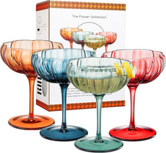 Tonal Flower Champagne Coupe Cocktail Glassware Set Of 4 Premium Barware Gift-0