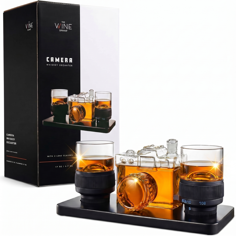 Camera Shaped Wine Whiskey Decanter 4OZ with 2 Glasses-0