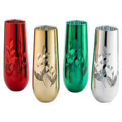 Etched Multicolor Christmas Champagne Flutes Glasses Set Of 4 Red Green Yellow Silver Perfect For Ch-0