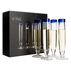 Hand Blown Cobalt Blue Rim Champagne Flutes Set Of 4 By Luxury Mexican Glassware Thi-0