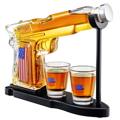 Gifts For Men Dad Father Whiskey Decanter Set 8 Oz With Two 2 Oz Glasses American Flag Pistol Gun An-0