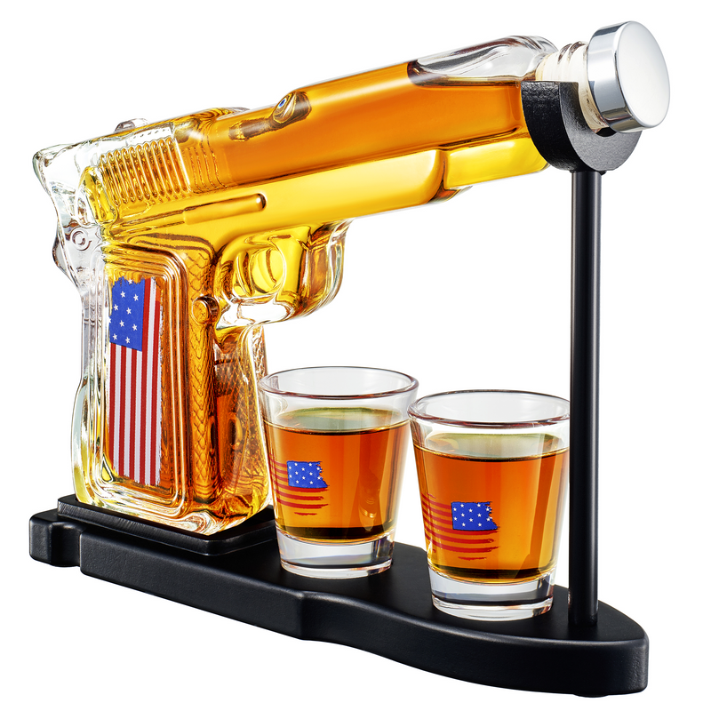 Gifts For Men Dad Father Whiskey Decanter Set 8 Oz With Two 2 Oz Glasses American Flag Pistol Gun An-0
