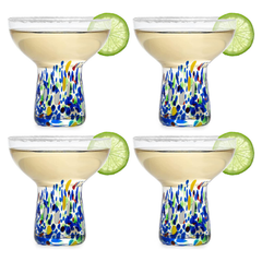 Mexican Hand Blown Glass Set Of 4 Margarita Confetti Bottom Rock Glasses 12 Oz By Me-0