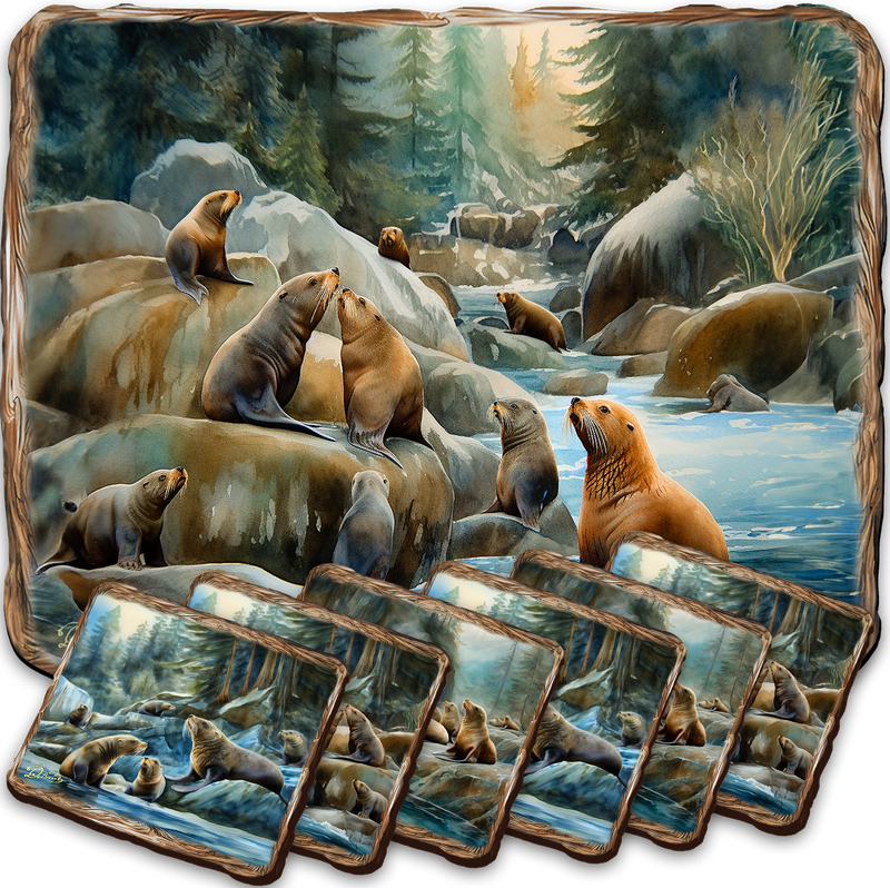 Sea Lion Cave Wooden Cork Placemat and Coasters Gift Set of 7 by Nature Wonders Coastal Nature Wildlife Decor  - 85413C-S7-0