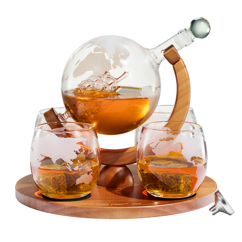 World Decanter With 4 Glasses Globe Premium Barware Gift Elegant Drinkware Collection-0